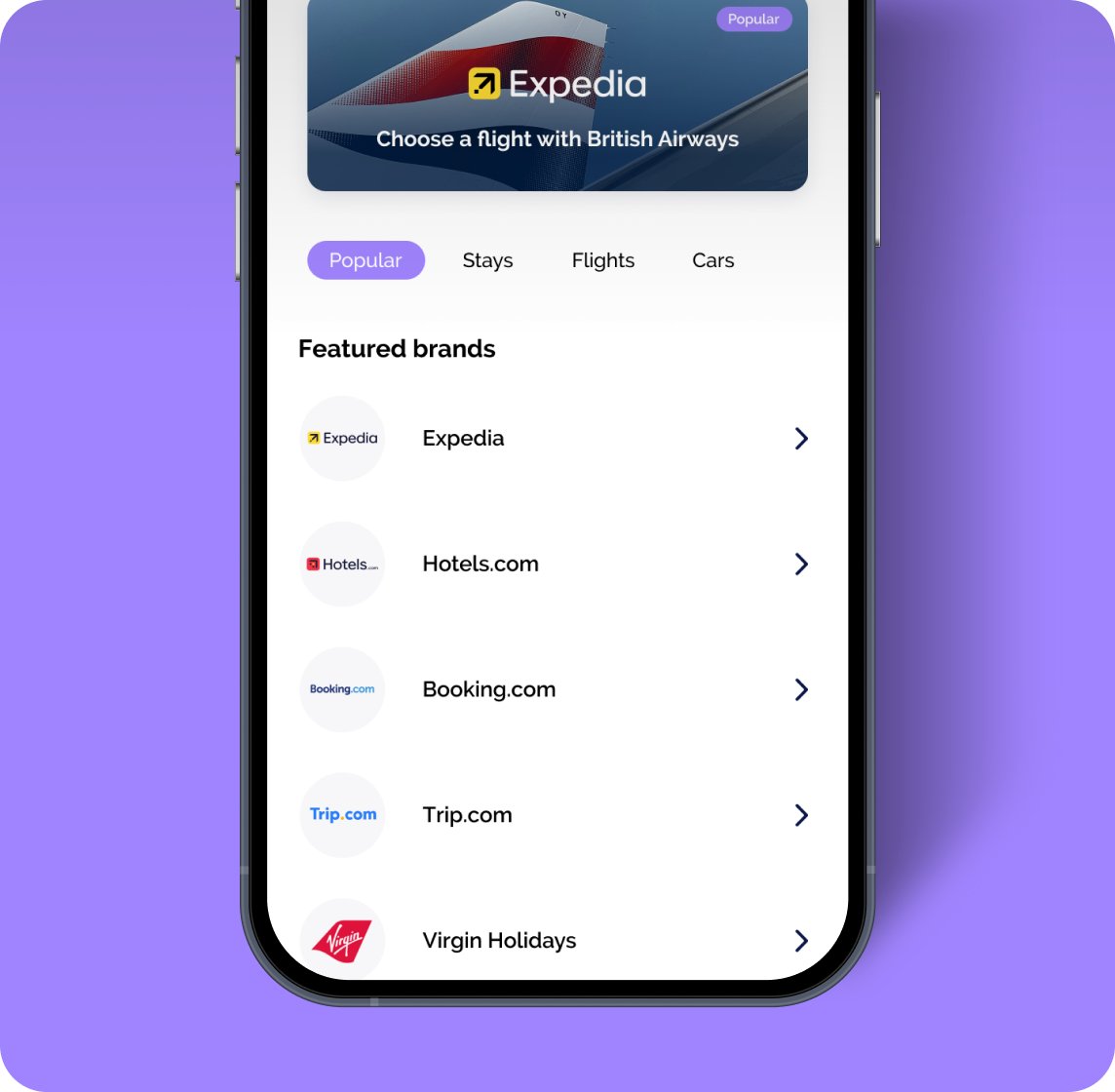 Vuelo app showing featured travel brands: Expedia, Hotels.com, Booking.com, Trip.com, Virgin Holidays