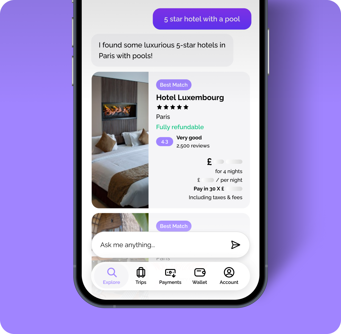 Vuelo AI chat suggesting 5-star hotels with a pool in Paris