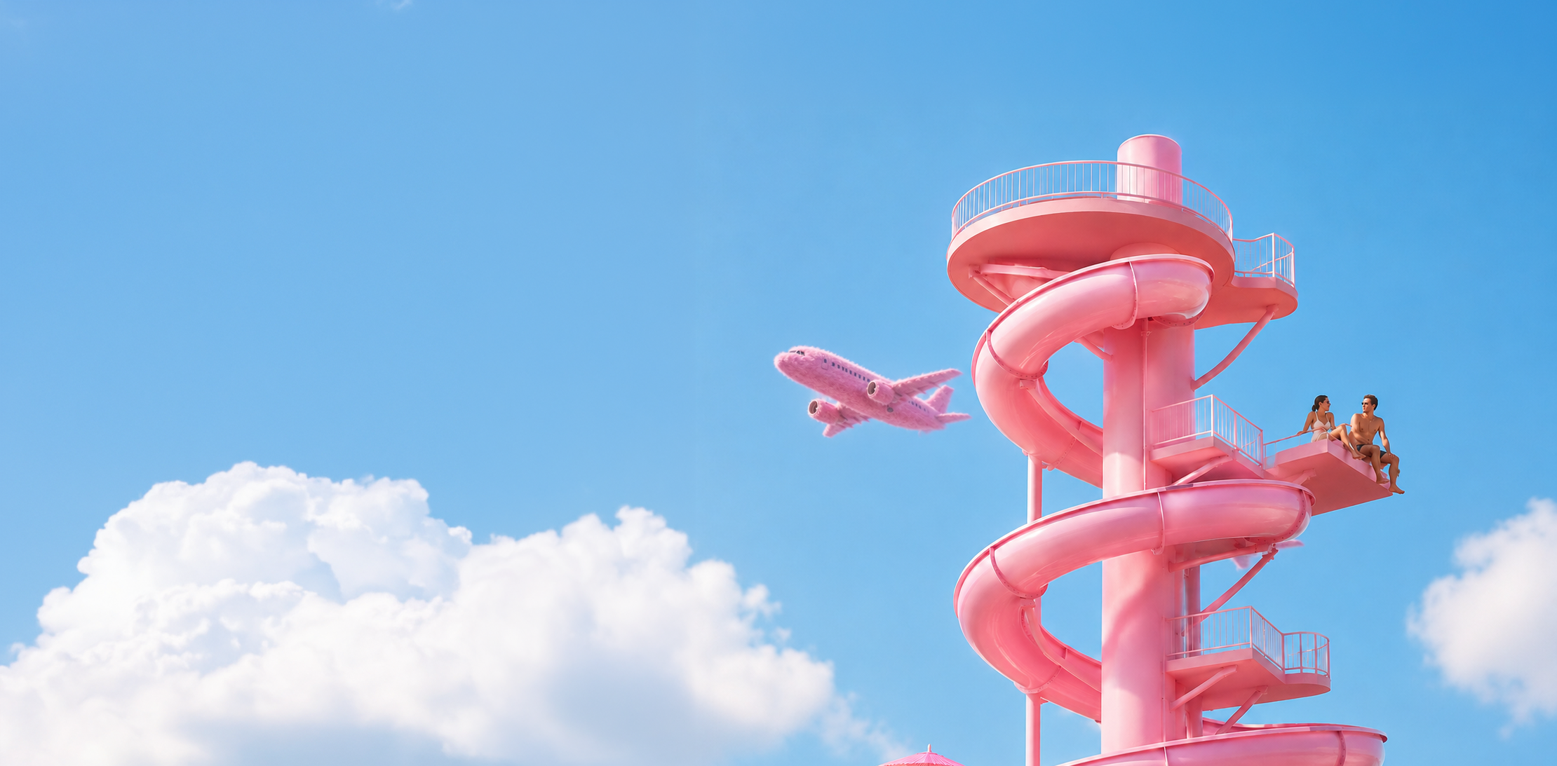 Pink spiral water slide in a blue sky with a fluffy pink plane flying past