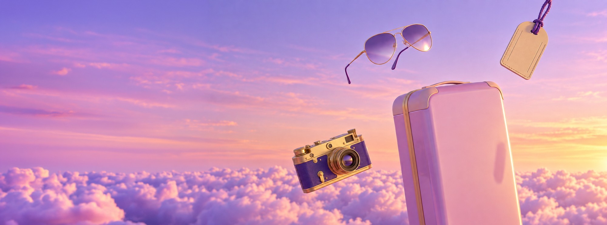 Pink suitcase, vintage camera, sunglasses and a luggage tag floating above sunset clouds