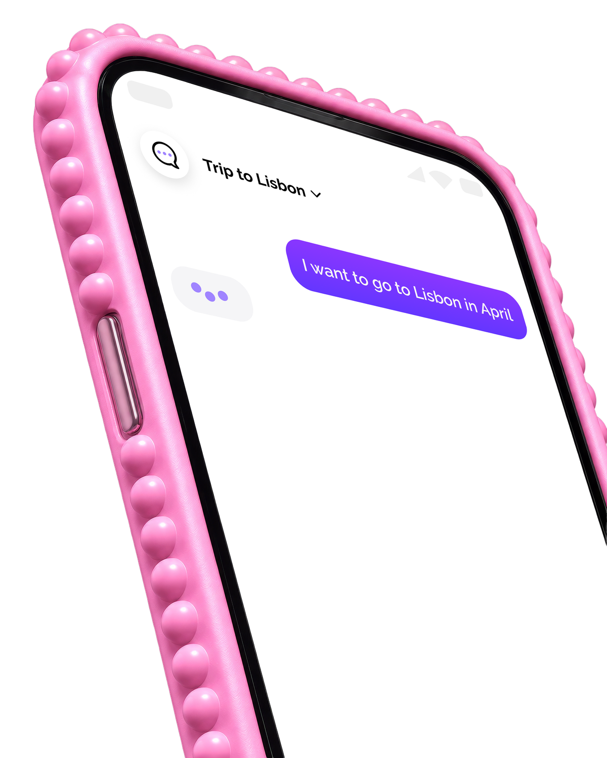 Pink-cased phone showing a Voya chat about a trip to Lisbon