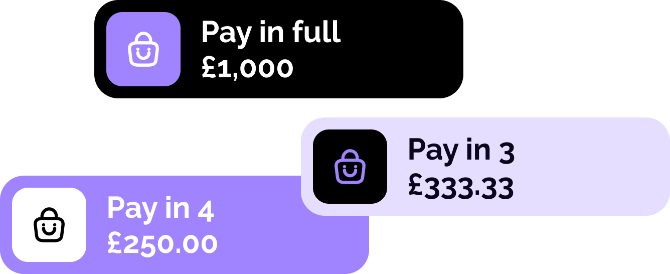 Staggered payment options: Pay in full £1,000, Pay in 3 £333.33, Pay in 4 £250.00