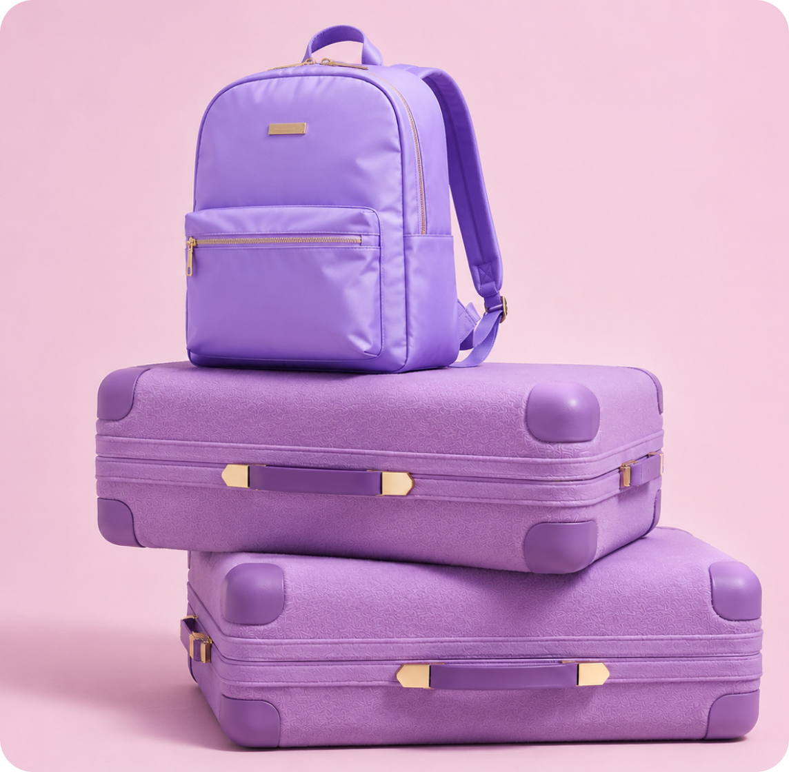 Purple backpack on a stack of purple suitcases