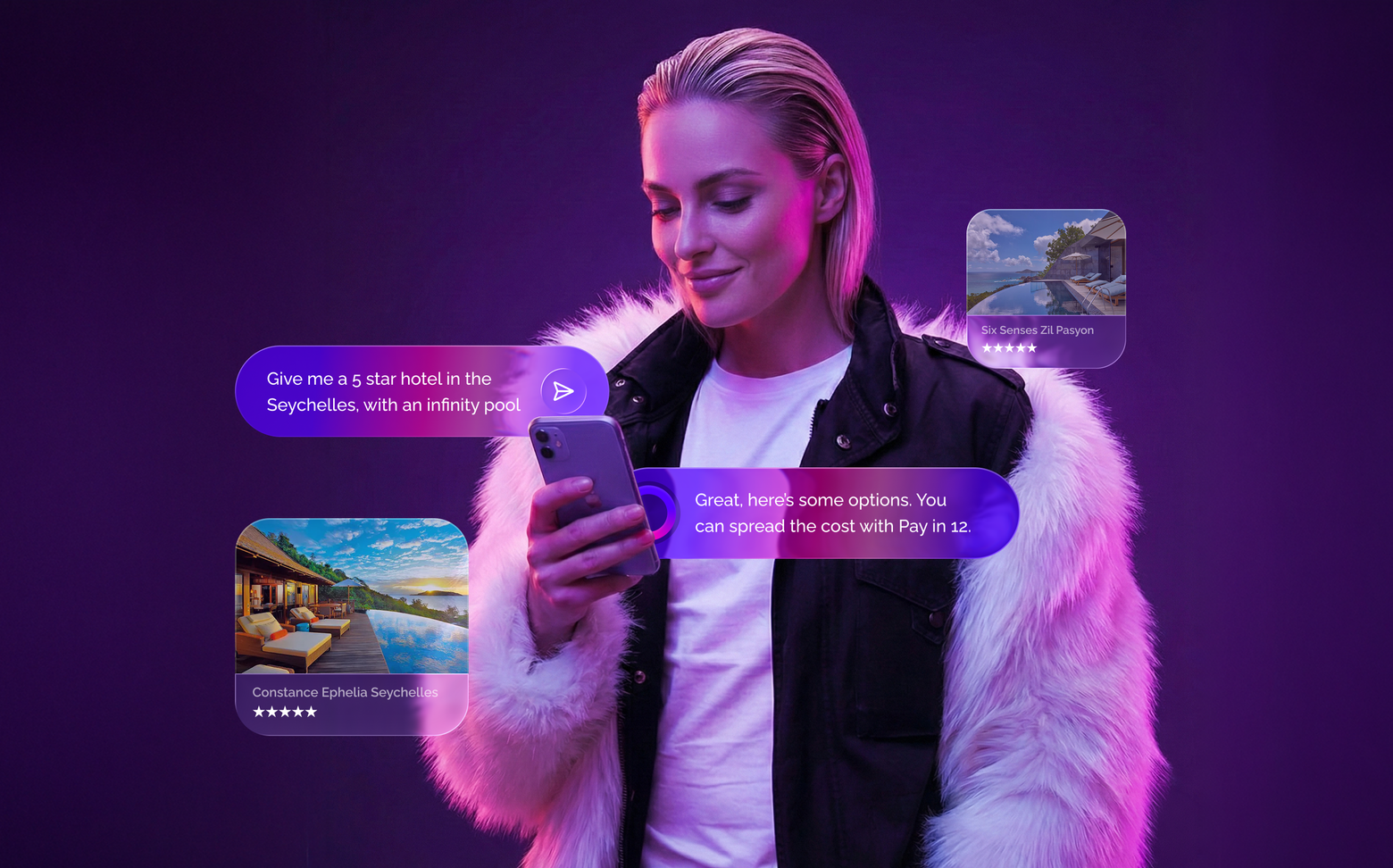 Person in a fluffy white coat chatting with Voya AI about a 5-star hotel in the Seychelles
