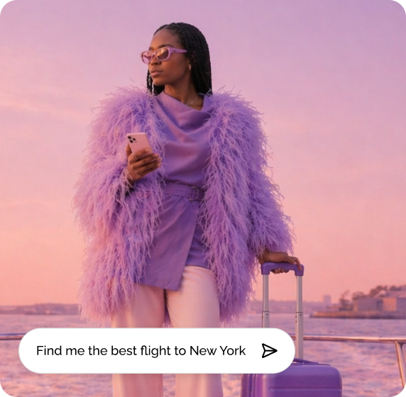 Person with a suitcase at sunset, with a floating chat asking to find the best flight to New York