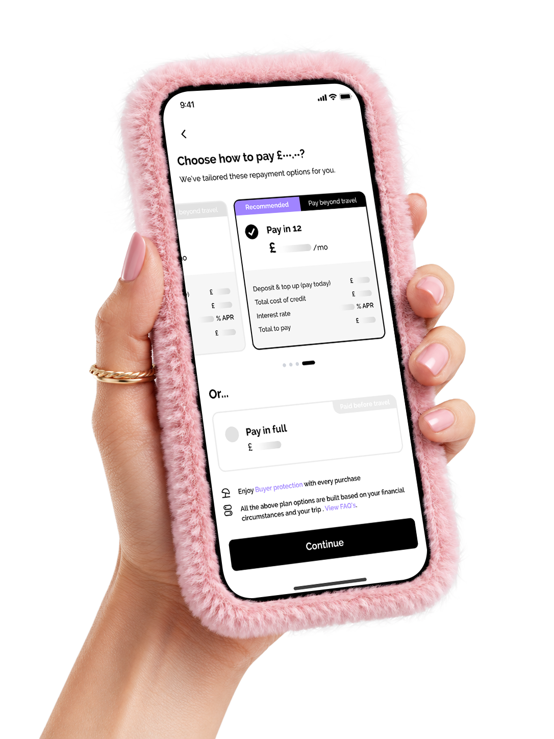 Hand holding a phone showing the Vuelo Financing checkout screen