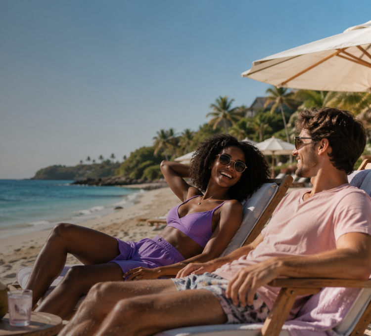 Couple relaxing on sun loungers at a beach