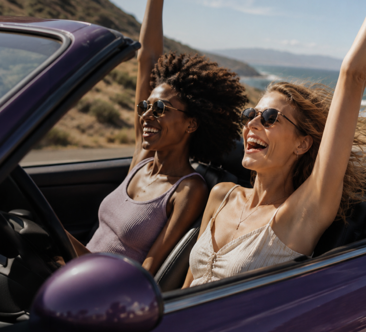 Two women laughing in a convertible car on a coastal road