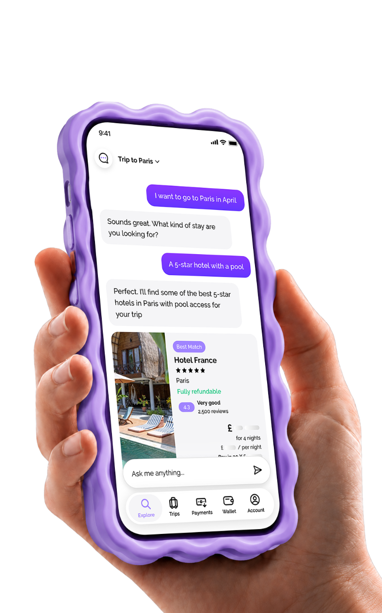 Hand holding a phone showing a conversation with Voya AI about hotels in Paris