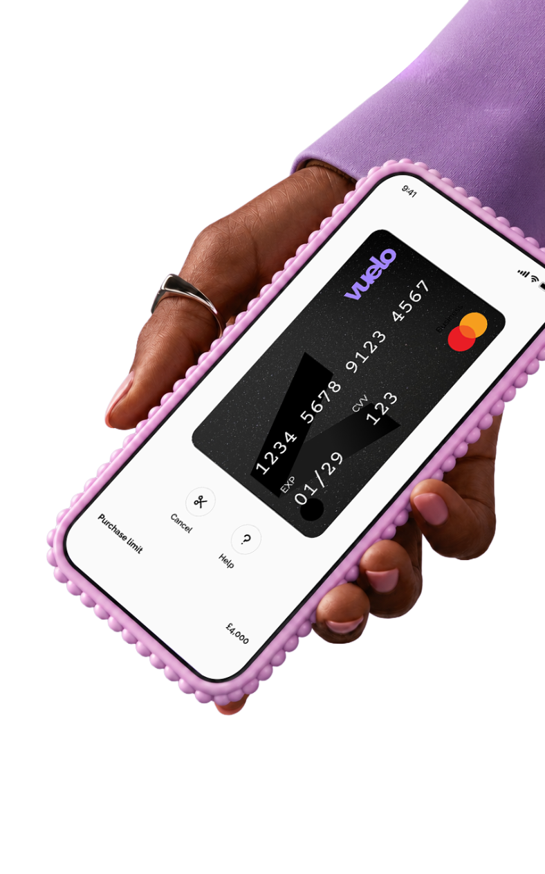 Hand holding a phone showing the Vuelo One-Time Card ready to add to a digital wallet