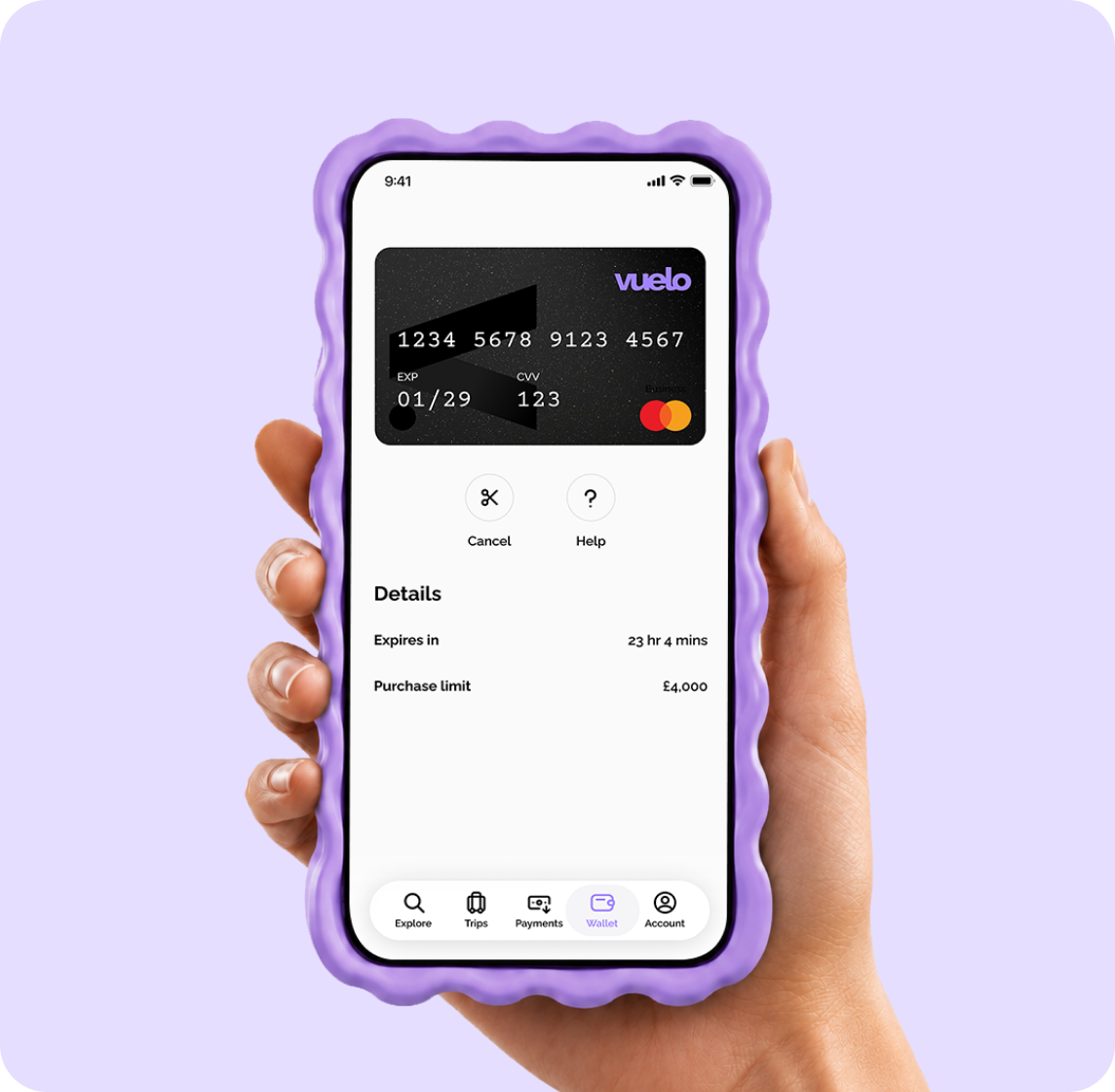 Hand holding a phone showing the Vuelo One-Time Card in the app