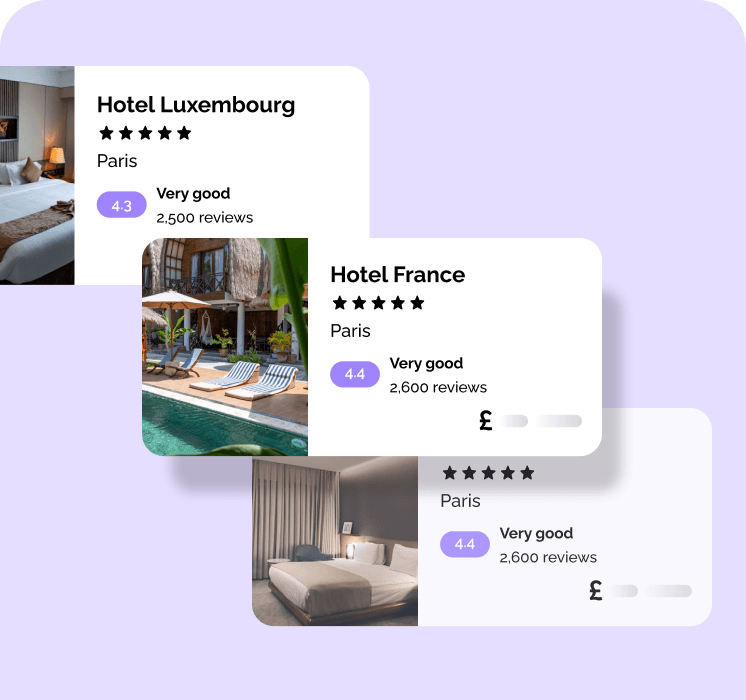 Overlapping hotel result cards for Hotel Luxembourg and Hotel France in Paris