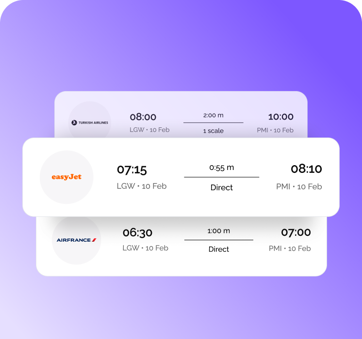 Overlapping flight result rows with times and duration