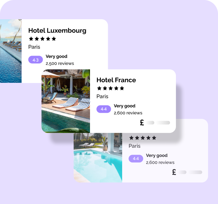 Hotel recommendation cards for hotels in Paris