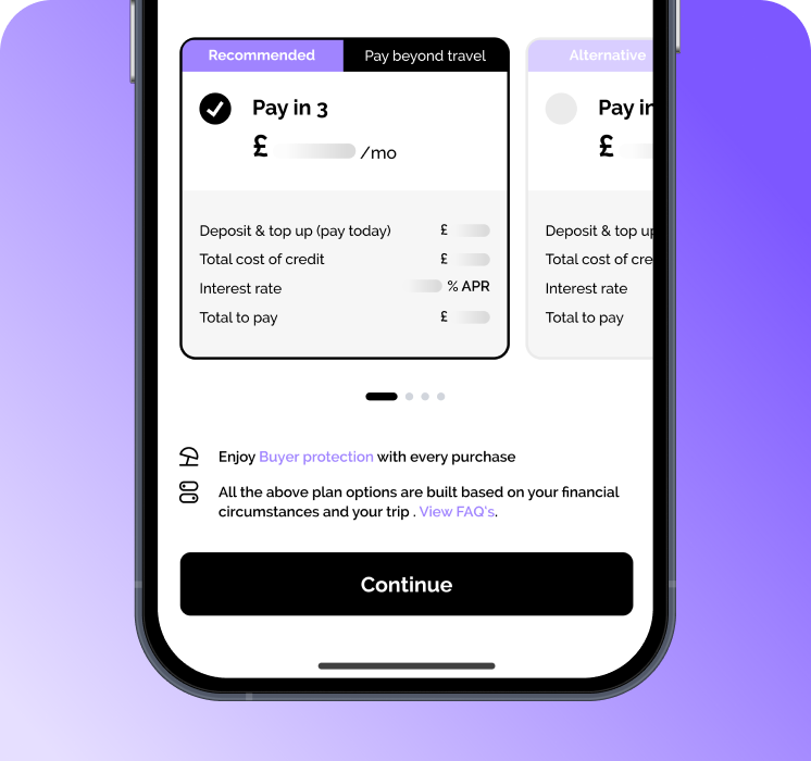 Payment plan options screen with Continue button