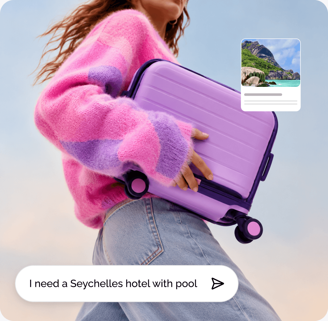 Person carrying a suitcase, with a floating chat asking for a Seychelles hotel with a pool
