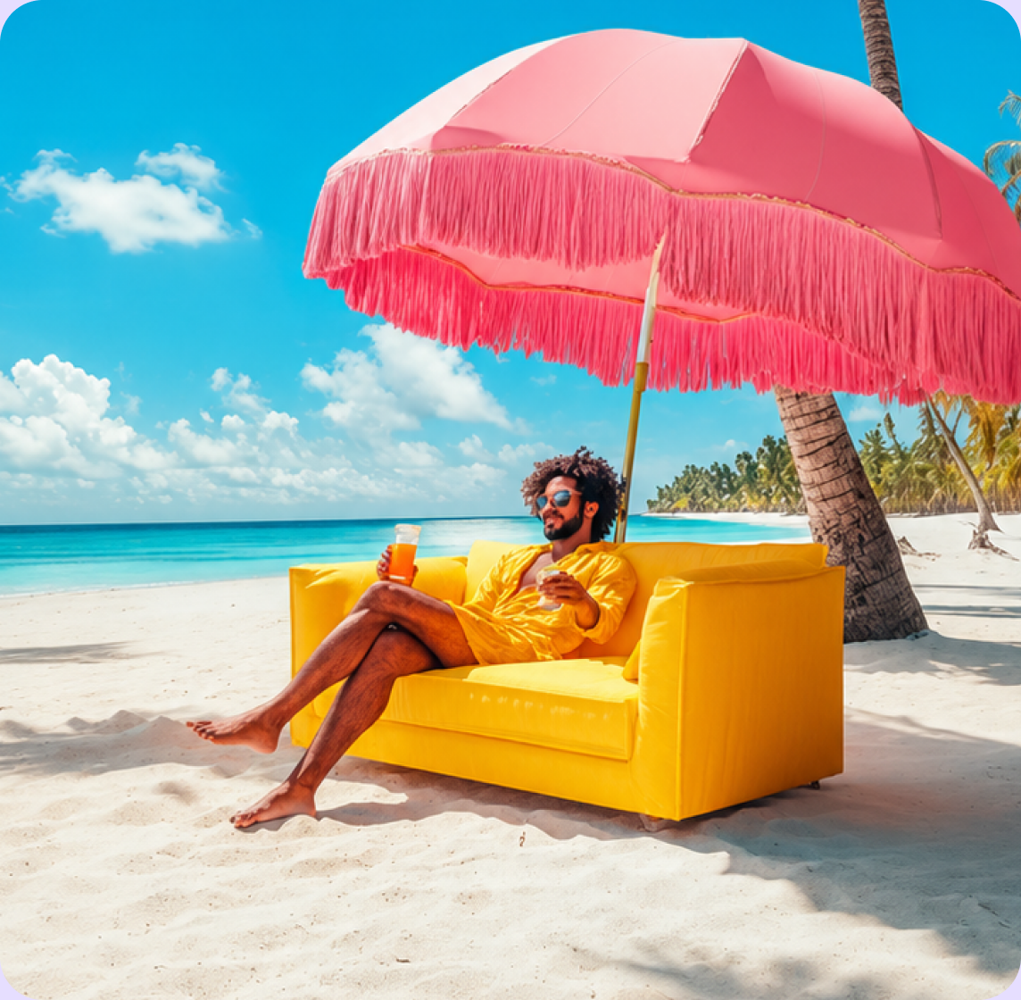 Person relaxing on a beach under a pink umbrella